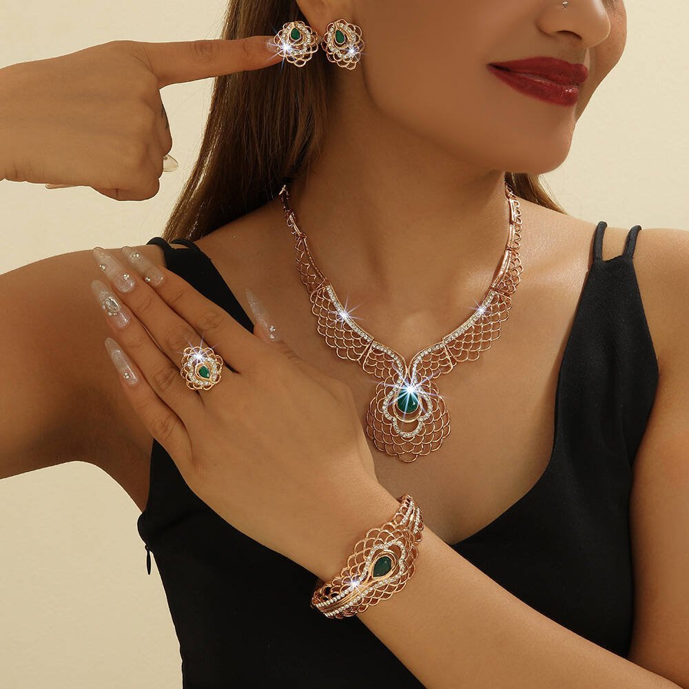 Hot-Selling Necklace, Earring, Ring & Bracelet 4-Piece Set – Women's Wedding Jewelry Set