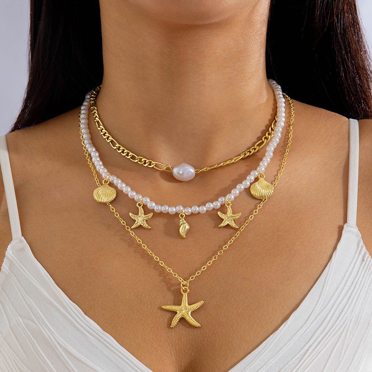 Seashell & Starfish Collarbone Necklace, Beach Pearl Necklace – Fashionable Vacation Style