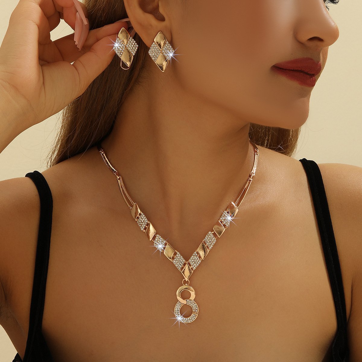 Fashionable Diamond-Inlaid Figure-Eight Necklace & Earring Jewelry Set – Women's Fashion Jewelry Set Accessories