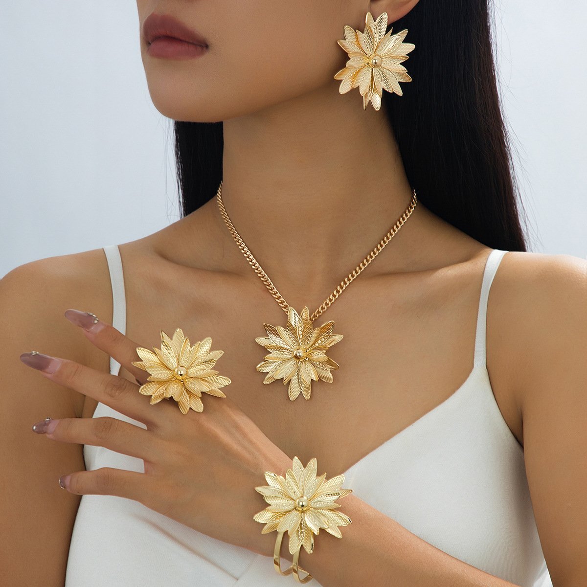 Fashion Flower Earring & Necklace Ring Bracelet Jewelry Set – Bold Statement Accessories for Women
