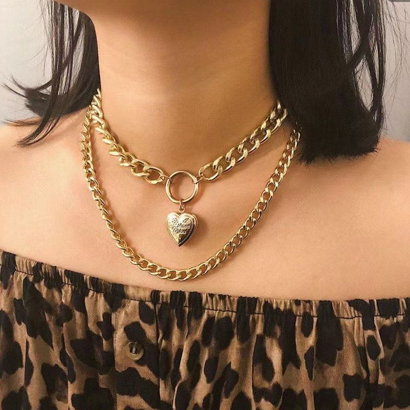 Gold-Plated Heart Layered Necklace, Trendy Fashion Jewelry for Women