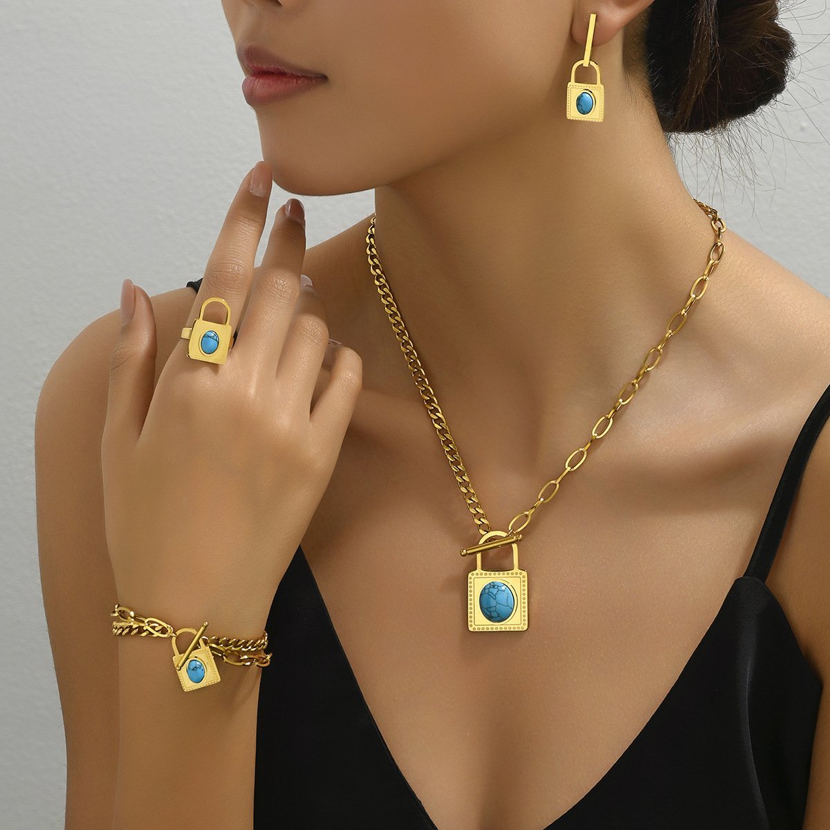 Women's Minimalist Lock-Shaped Pendant Necklace with Turquoise – Unique Niche Fashion Collarbone Chain, Ring & Earring Set