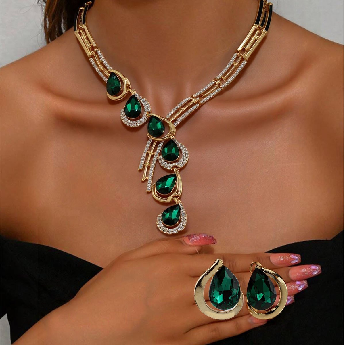 Gold-Plated Diamond Crystal Necklace & Earring Jewelry Set – Women's Wedding Accessories