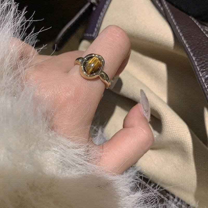 Vintage Maillard Tiger's Eye Gemstone Ring – Women's Open Ring, Fashionable Versatile Band