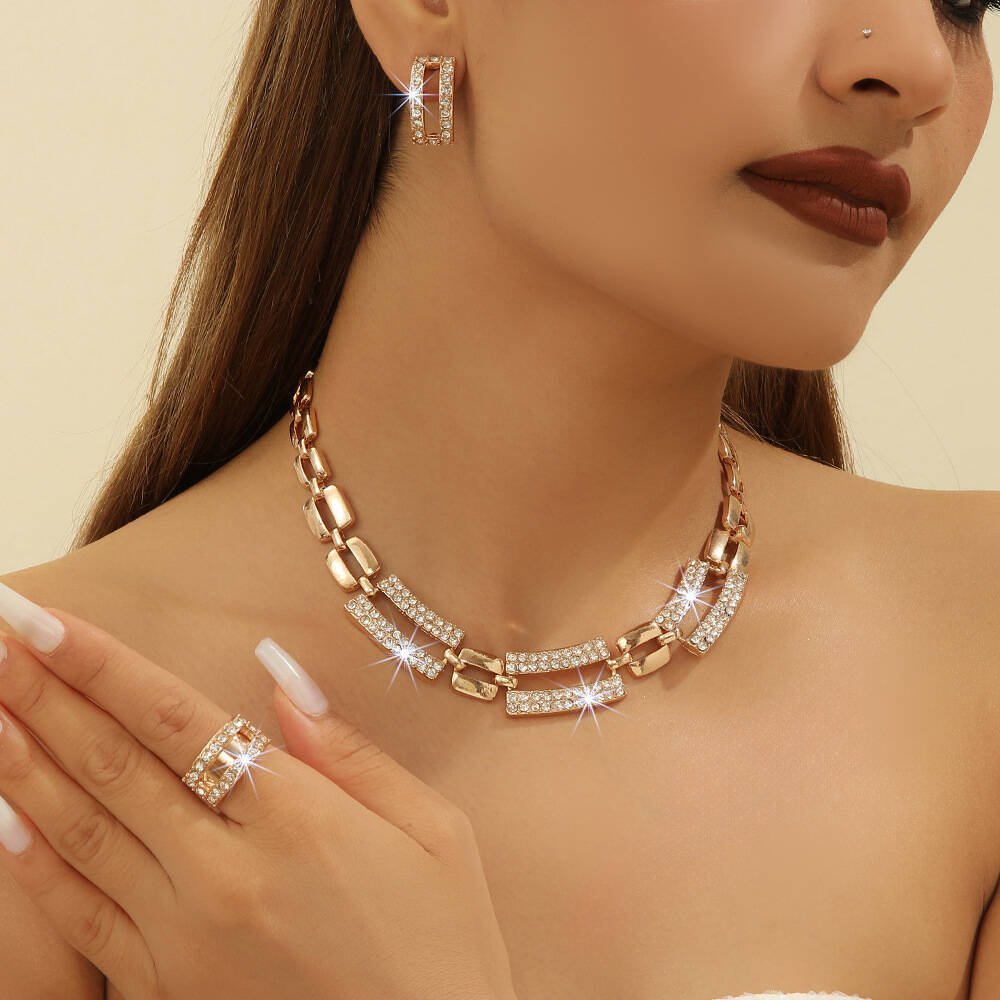 Fashionable Statement Diamond-Inlaid Necklace, Earring & Ring Set – Women's Wedding Jewelry Accessories