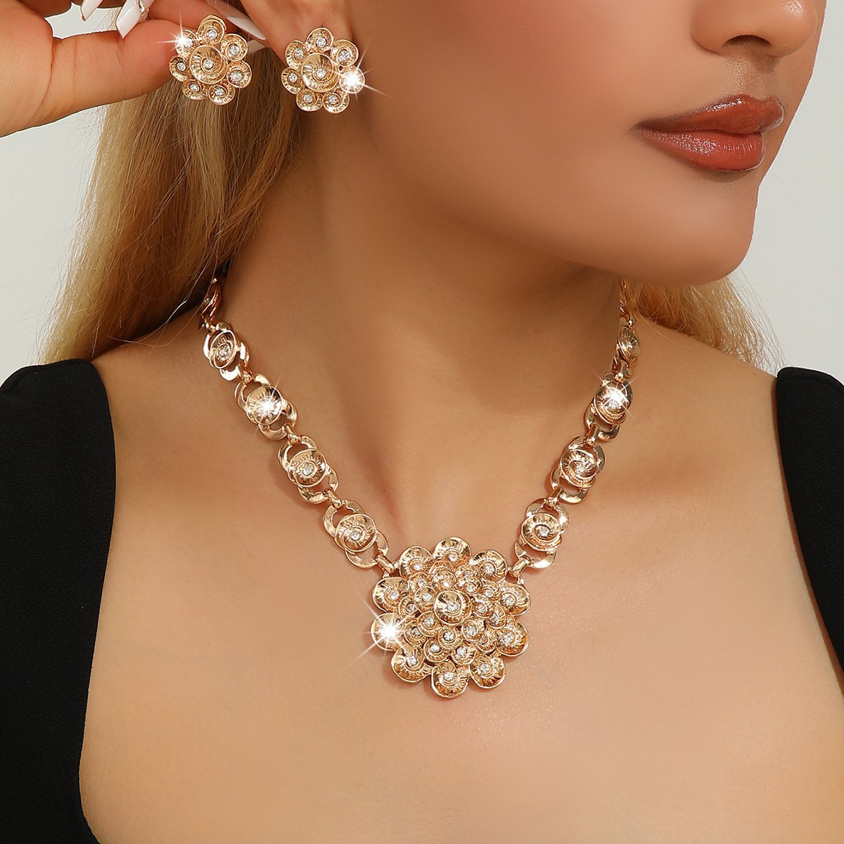 Gold Threaded Flower Earring & Necklace Accessory Set – Women's Jewelry