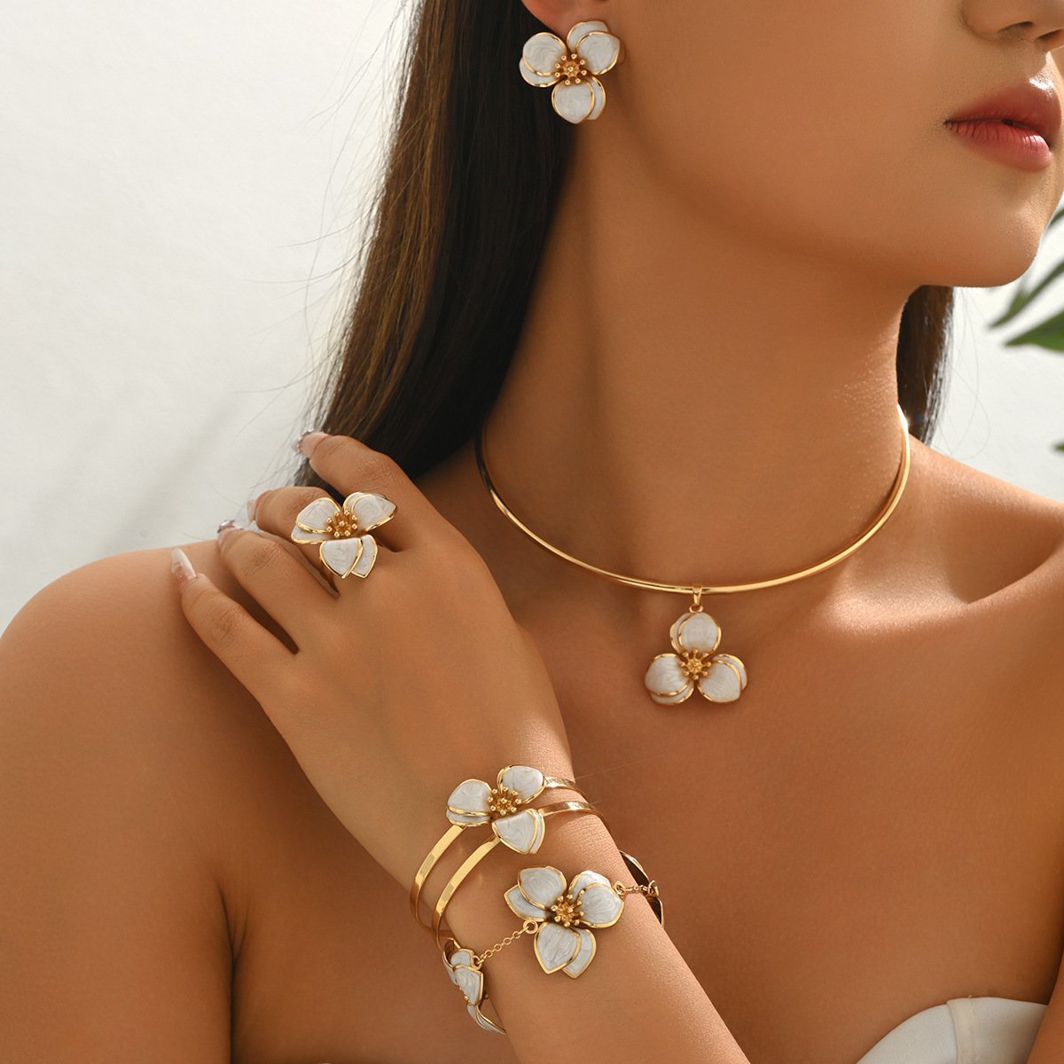 Colorful Enamel Flower Earrings, Necklace, Bracelet & Ring Jewelry Set – Fashionable & Versatile