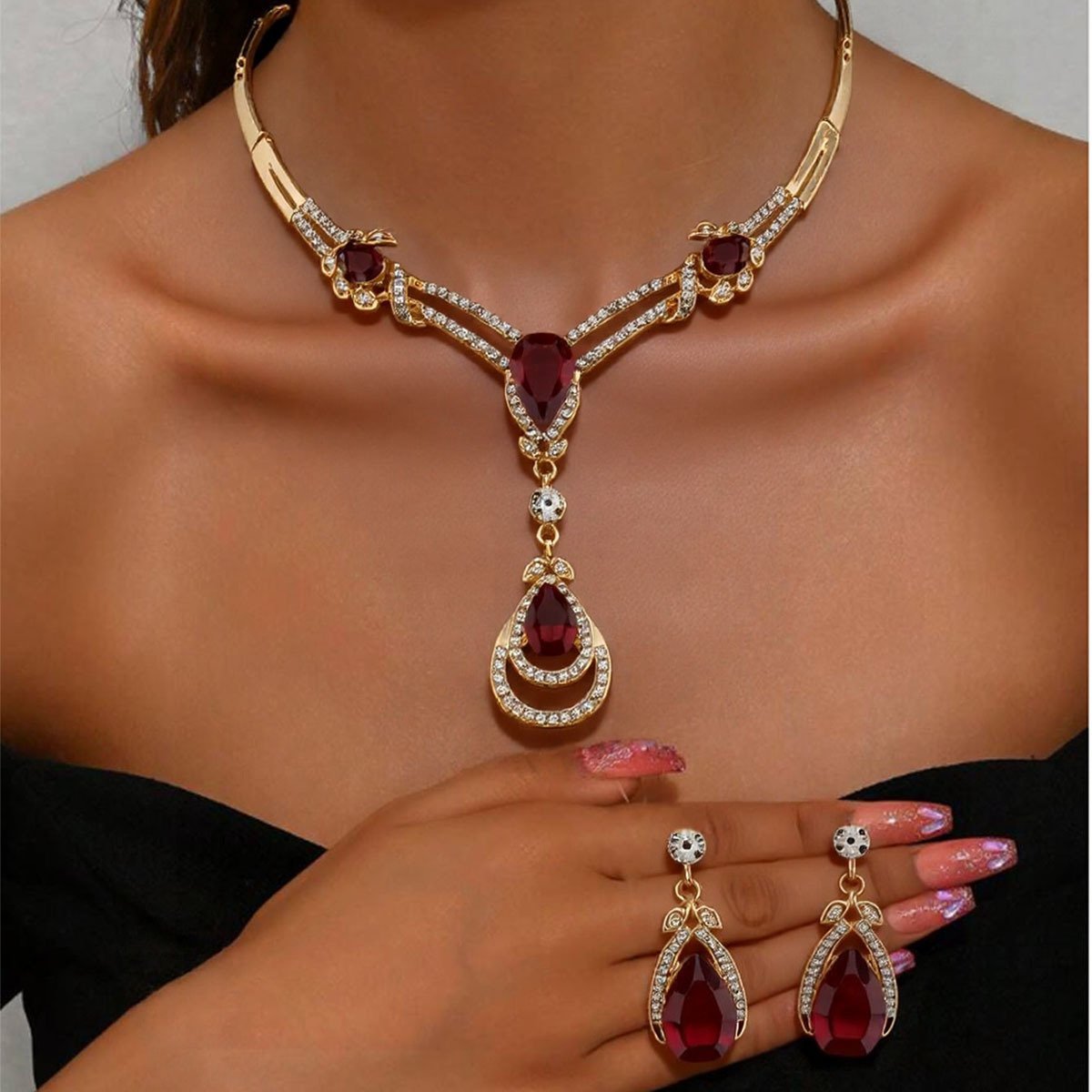 Vintage Ruby & Zircon Inlaid Earrings and Necklace Set – Fashionable Collarbone Chain Jewelry Set