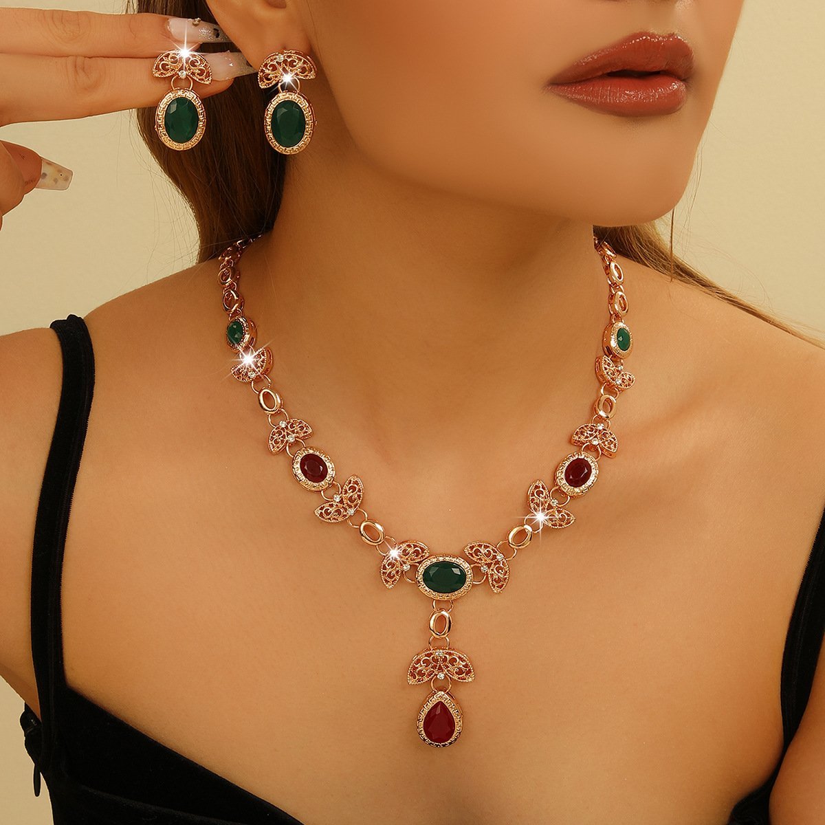Gold-Plated Hollow-Out Colorful Resin Necklace & Earring Set – Fashionable & Versatile Women's Wedding Accessories